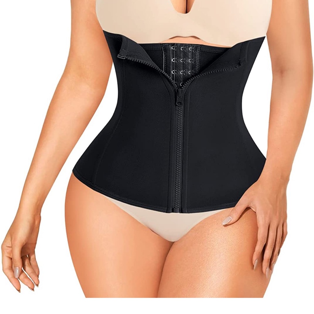 Black waist cinch corset with hidden eyelet hook rows, steel bones size large